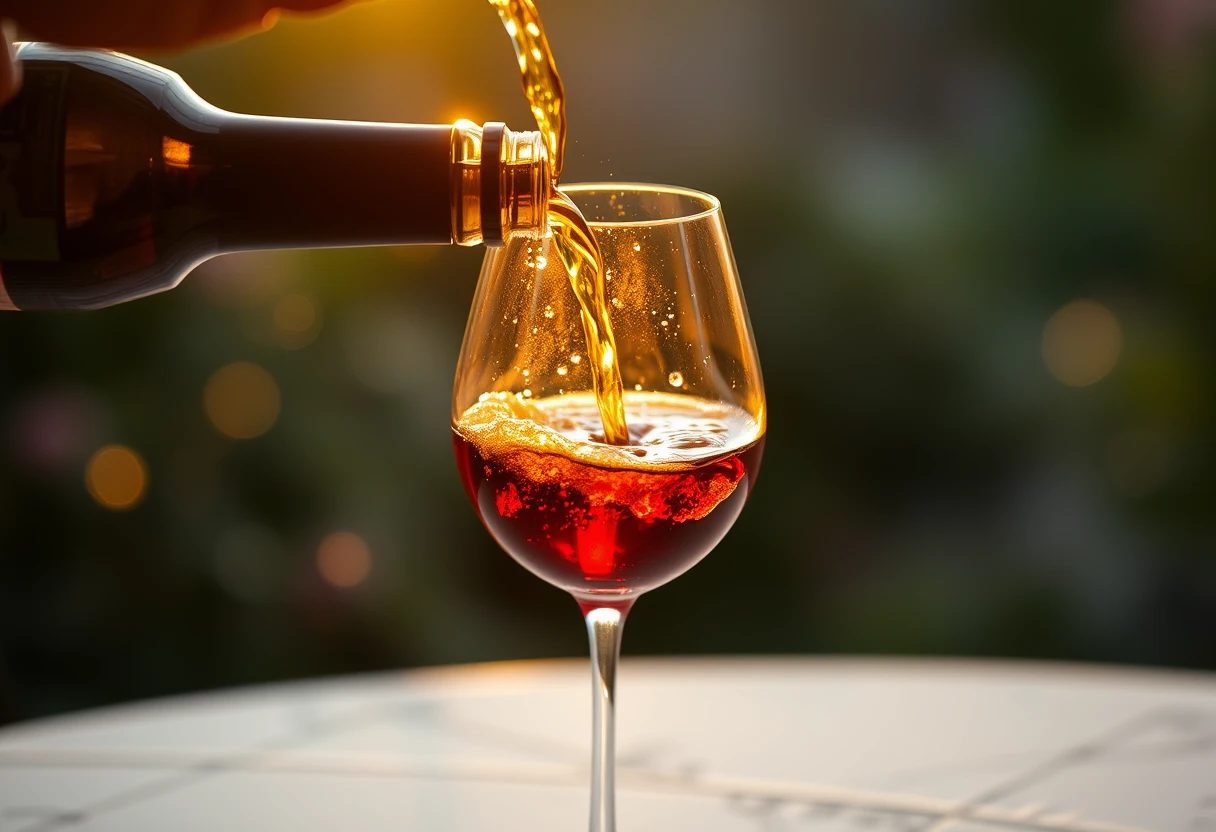 Vin rouge Giardino King versé dans un verre à pied